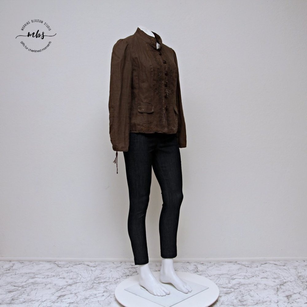 Gianni Bini Embroidered Military Linen Cropped Jacket Brown Tan Women M